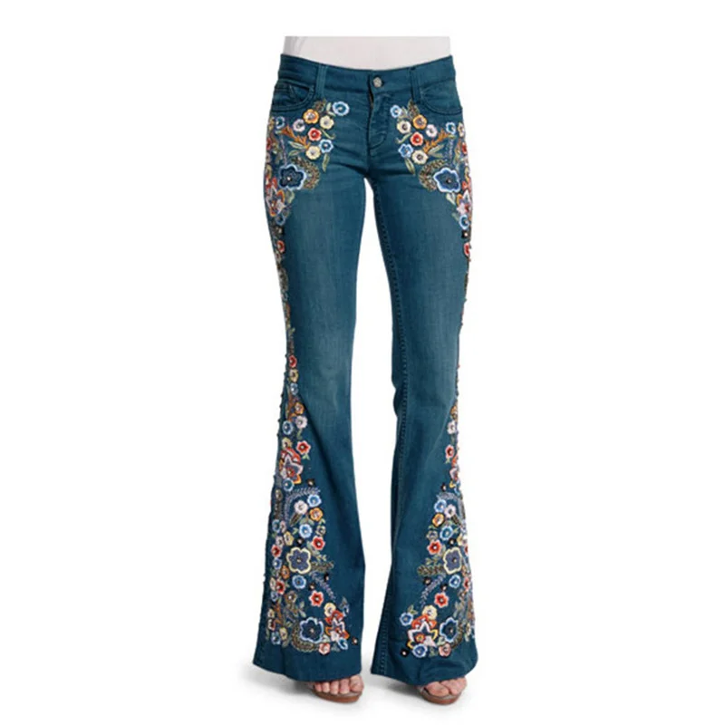 Elegant Embroidered Flowers Micro Flared Jeans Women\'s Intelligent Style Mid Waist Button Splicing Denim Pants Washable Trousers