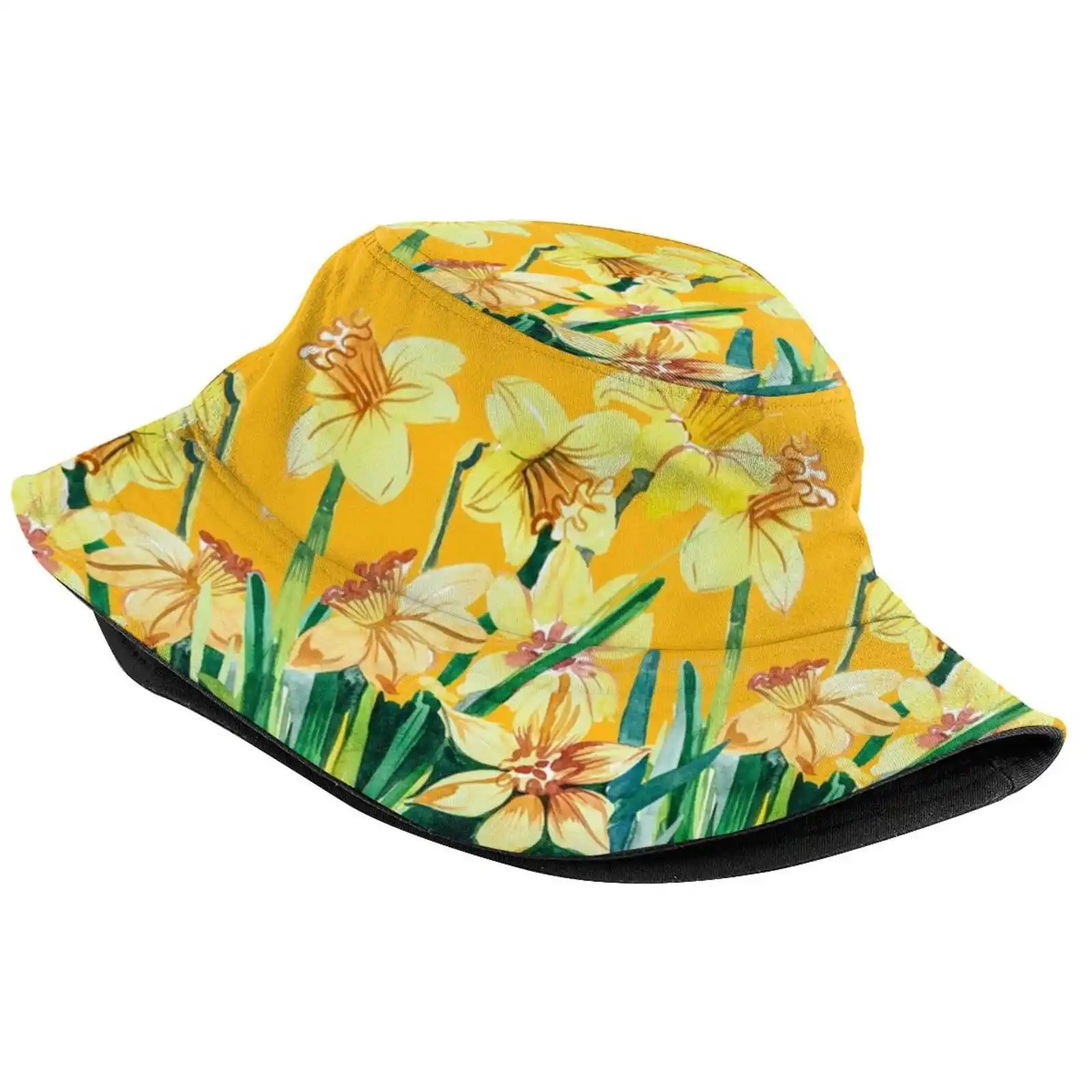 Yellow Vintage Daffodils, Watercolor Sun Cap Fisherman Hat Bucket Hats Yellow Daffodils Watercolor Daffodils Yellow Vintage