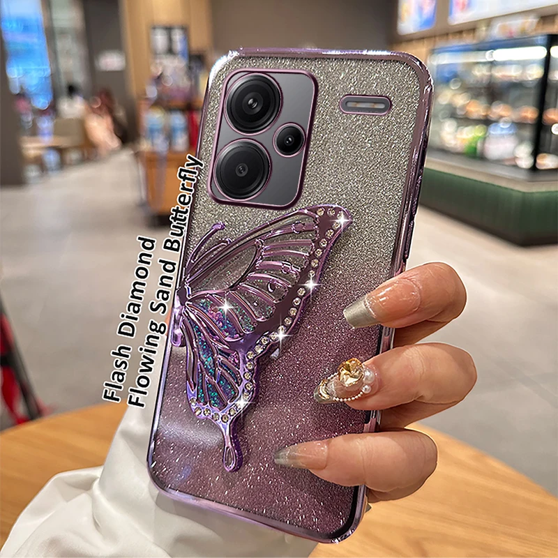 Redmi Note 13 Pro Plus 12 11 10 9 8 Case 3D Liquid Sand Butterfly Phone Holder Glitter Case for Redmi 12 12C 13C 9 9A 9T 9C 10C