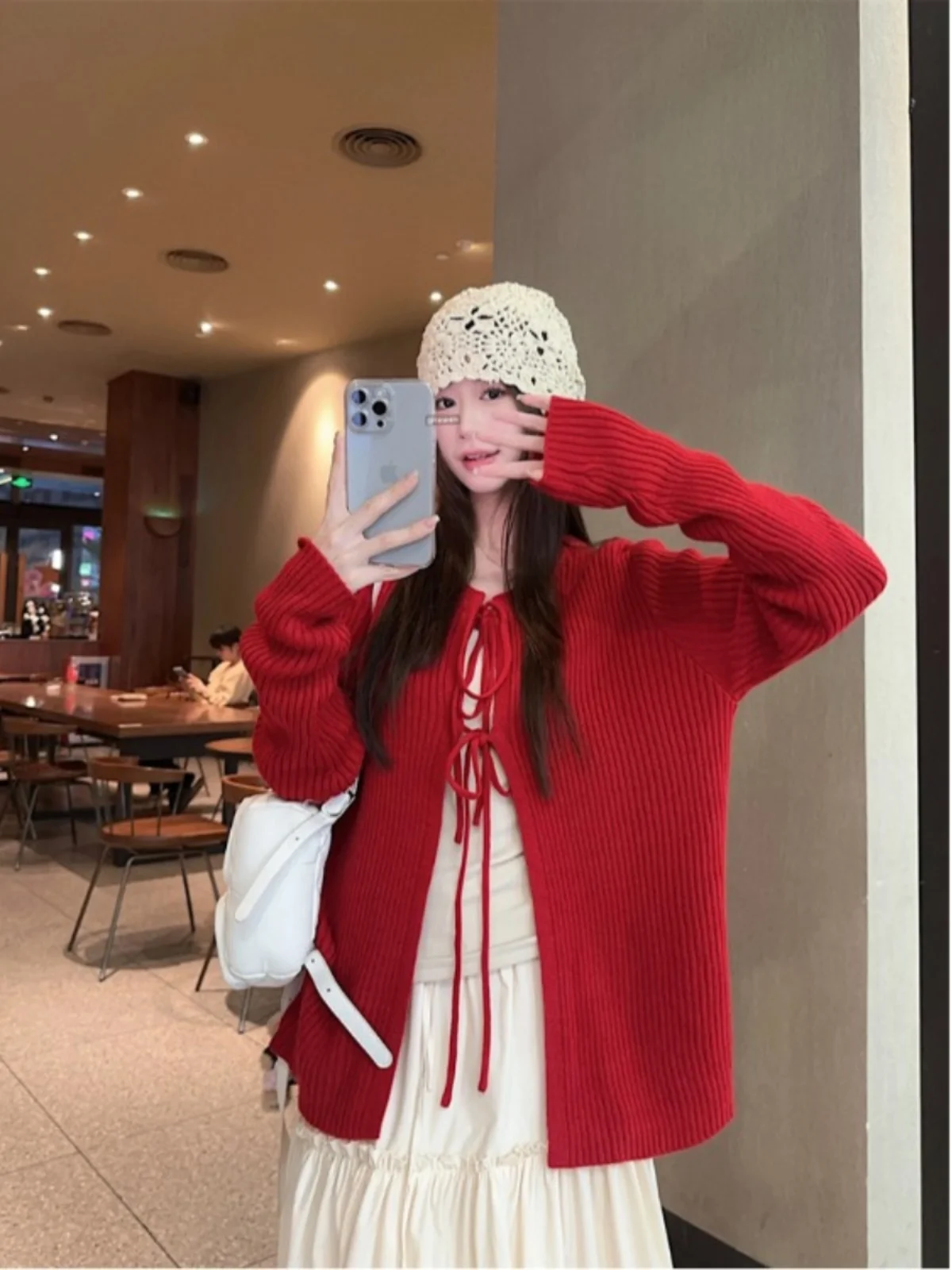 Elegância vermelho rendas tricô cardigall malhas topos feminino primavera outono moda de cintura alta elastil casual saias de impressão animal