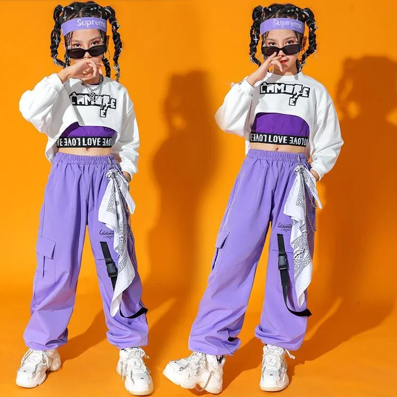 Kids Teen Kpop Outfits Clothing for Girls Sweatshirt Crop Top Long Sleeve Shirt Tank Cargo Pants Child Dance Hip Hop Costume