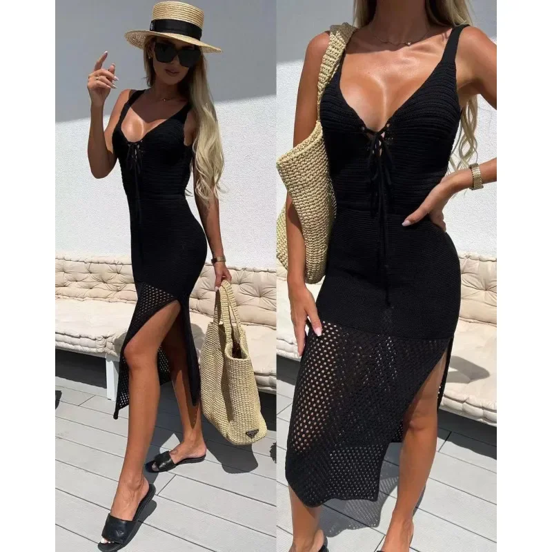 2024 الأبيض الكروشيه تونك بيكيني الاخفاء الخامس الرقبة المرأة الصيف ملابس الشاطئ محبوك التستر مثير أكمام الجوف خارج فستان