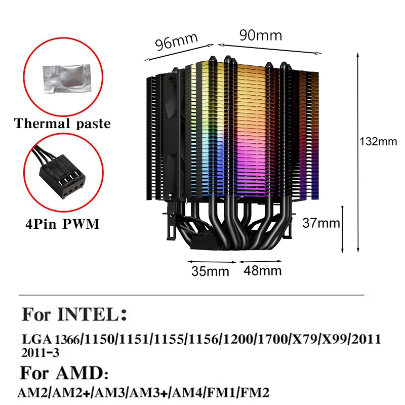 Imagem -02 - Refrigerador de ar do Processador Central para Intel 4pin Tubulações do Calor Rgb Lga 1700 1200 1150 1151 1155 2011 X79 X99 1366 Am3 Am4 Am5