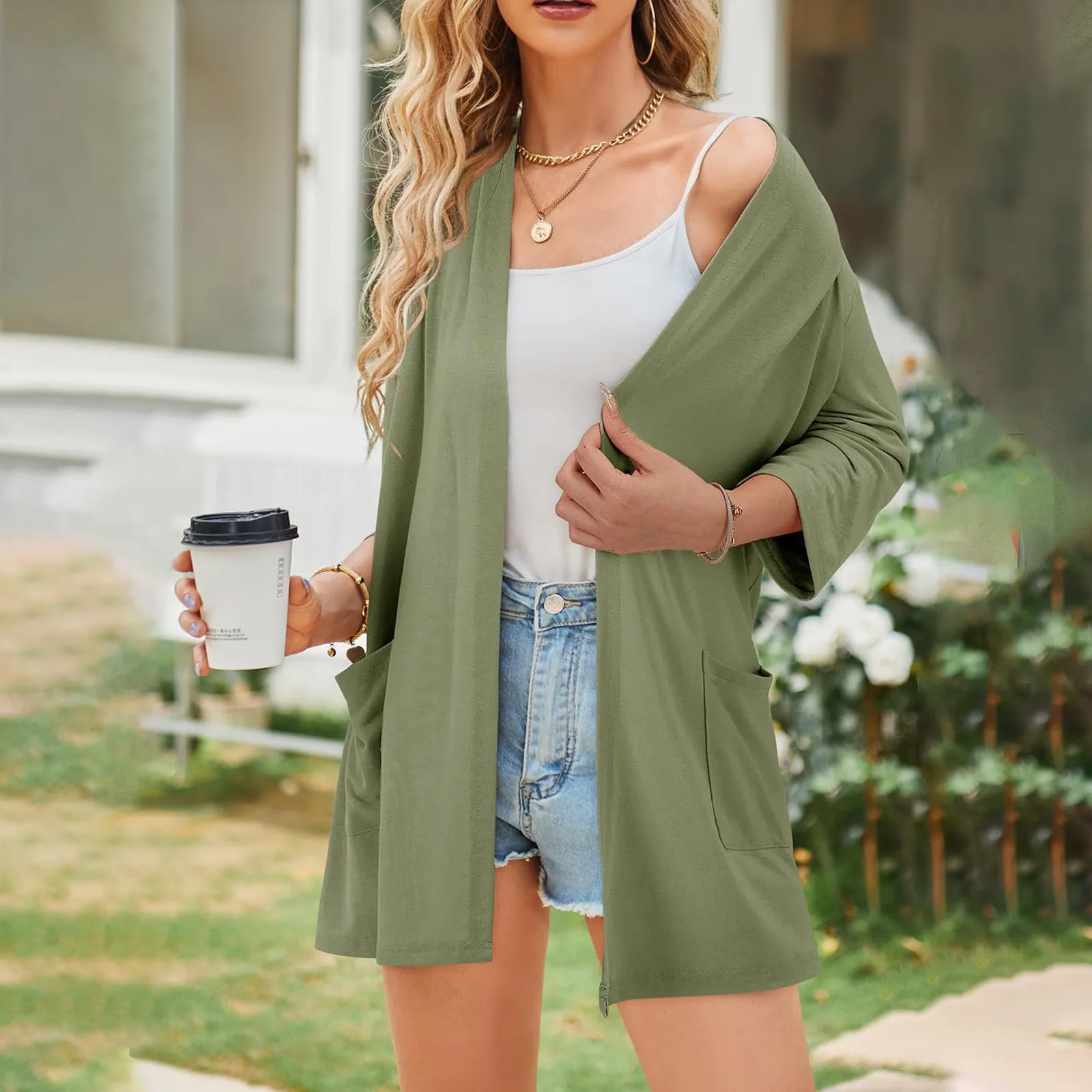 Womens Lightweight Open Front Cardigans Summer Fall Outwear Tops Thin Cover Ups Three Quarter Sleeve Sweater Casual Coats Tops