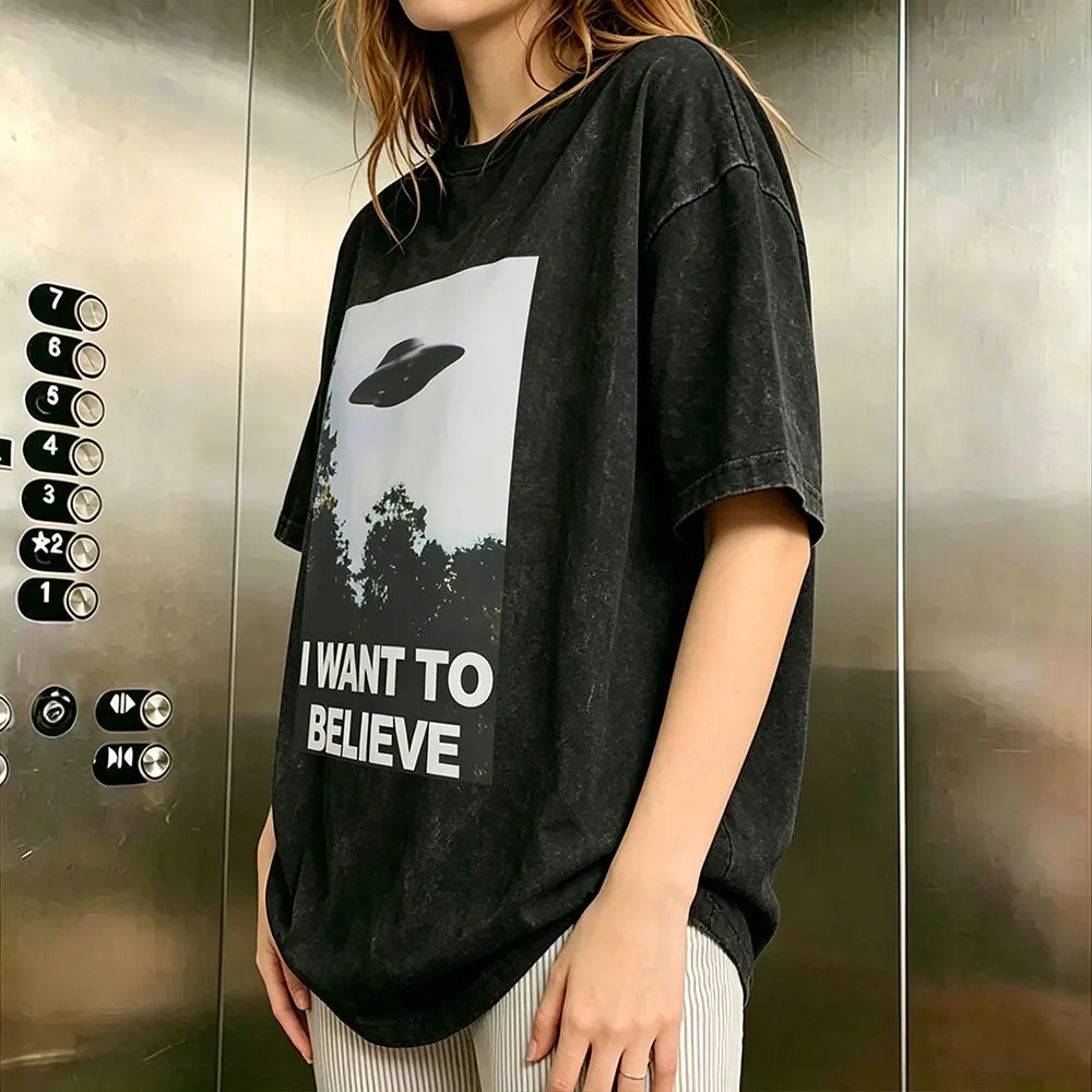 

Vintage Washed Movie The X Files I Want To Believe Funny Graphic T Shirt Men Women Casual Cotton T-shirt Male Oversized T-shirts
