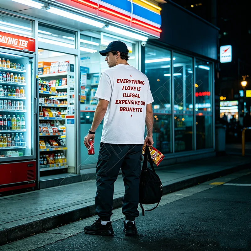 Alles, was ich liebe, ist illegal, teuer oder brünett. Lustiges T-Shirt mit Aufdruck „Y2k Romantic Dating Relationship Letters“. – Detail 3