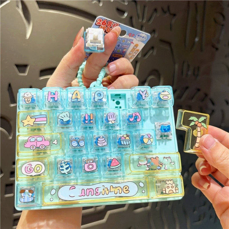 Creative Beach Party Keychain Toy Keyboard Button Stress Relief Decoration Couple Bag Ornament Transparent 26 Grids Plastic