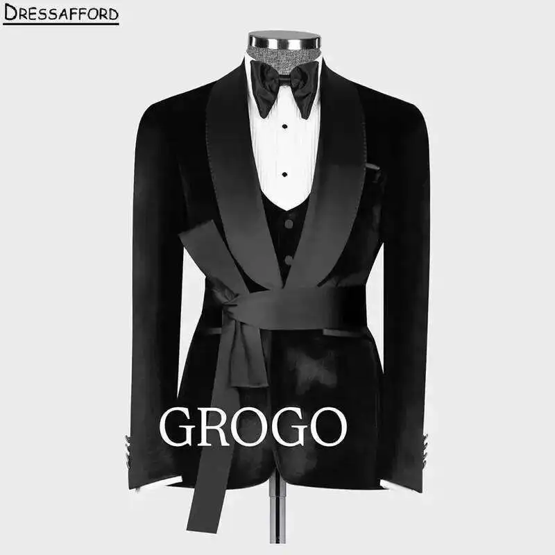 

Black Solid Formal Wedding Suits With Belt Men's Business Suit 3 Pieces Jacket Vest Pants Man Tuxedo Groom Wear