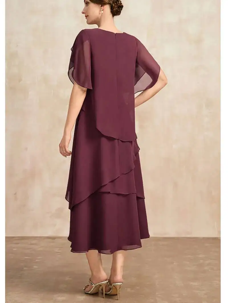 Abito da donna in chiffon manica corta elegante o-collo solido partito irregolare manica a petalo a strati moda estiva maxi abito KOT8