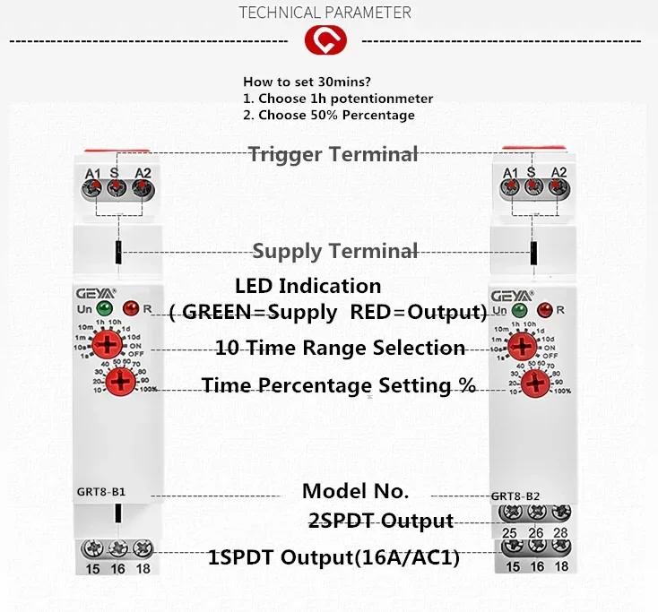 GEYA Delay on Delay off Timer Relay Electronic Type 16A AC230V OR AC/DC12-240V with CE CB ROHS GRT8-A/B/At/Bt