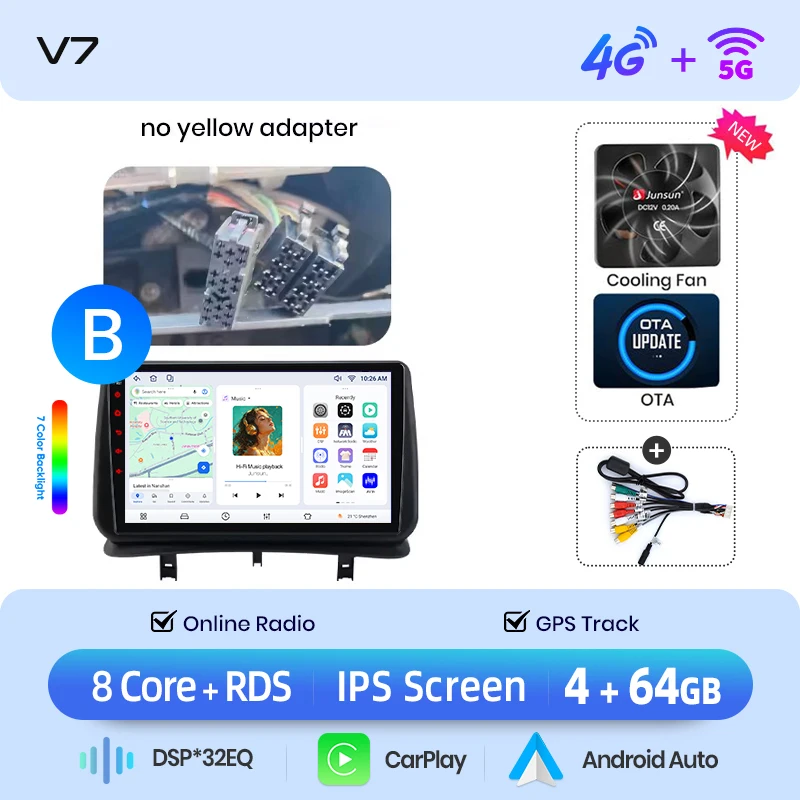 Junsun draadloze CarPlay Android Auto autoradio voor Renault Clio 3 (Mk3 / BR/CR) 2005-2014 met ingebouwde koelventilator, Android GPS navigatie, multimediaspeler, WiFi, DSP, RDS, BT, SWC, IPS