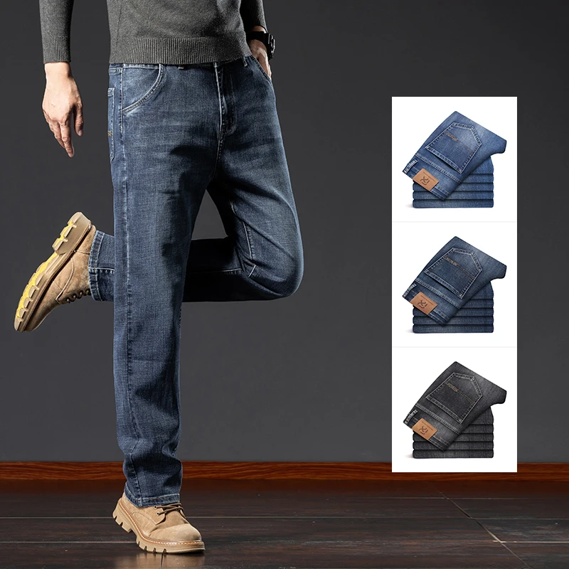 

Autumn Winter Men's Thick Workwear Jeans Classic Stretch Fabrics Loose Straight-leg Trousers Casual All-match Denim Pants Male