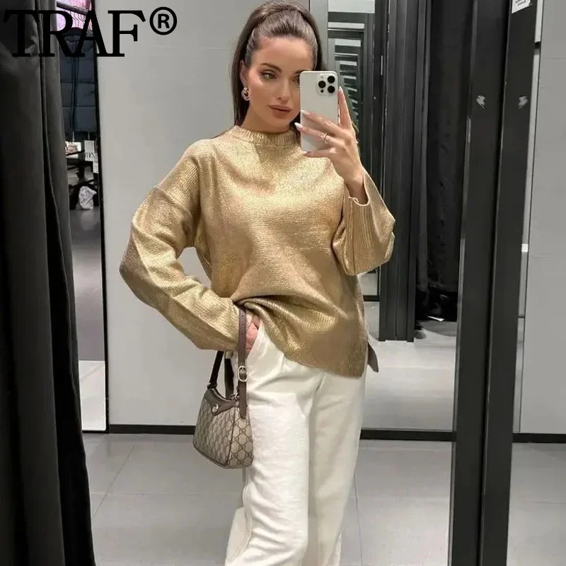 TRAF Glitter Gold Oversized Sweater Woman Fashion Knitted Sweater For Women Autumn Winter Pullovers Long Sleeve Knit Top Sweater