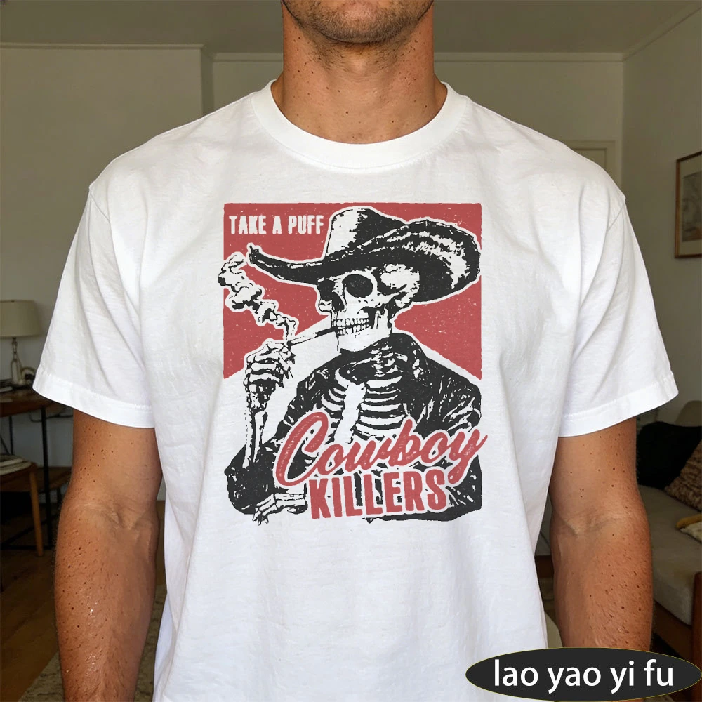 Take A Puff Cowboy Skeleton Red Background Men Summer Cotton T Shirt Retro Wild West Spooky Graphic Short Sleeve Casual Top