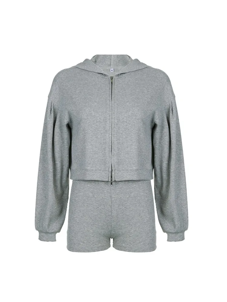 

Solid Sport 3 Piece Set Crop Vest Hoodie Tracksuit Women Casual Sweatshirt Coat Mini Short Matching Set Sportswear 3 PCS Outfit