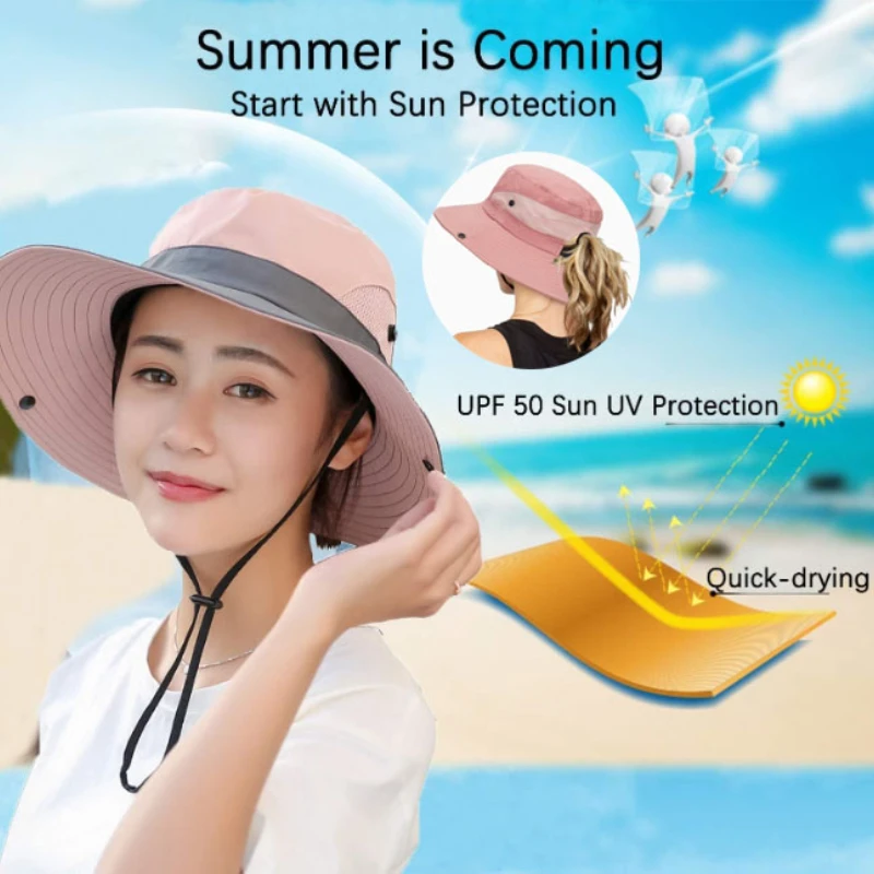 

Women's Outdoor Mesh Wide-Brim Beach Fishing Hat UV Protection Foldable Sun-Hats with Ponytail-Hole