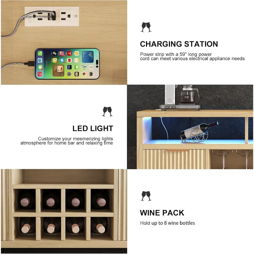 خزانة النبيذ المنزلية المخددة مع ضوء LED، محطة شحن، رف النبيذ - خزانة بوفيه مع مساحة تخزين، طاولة بار القهوة