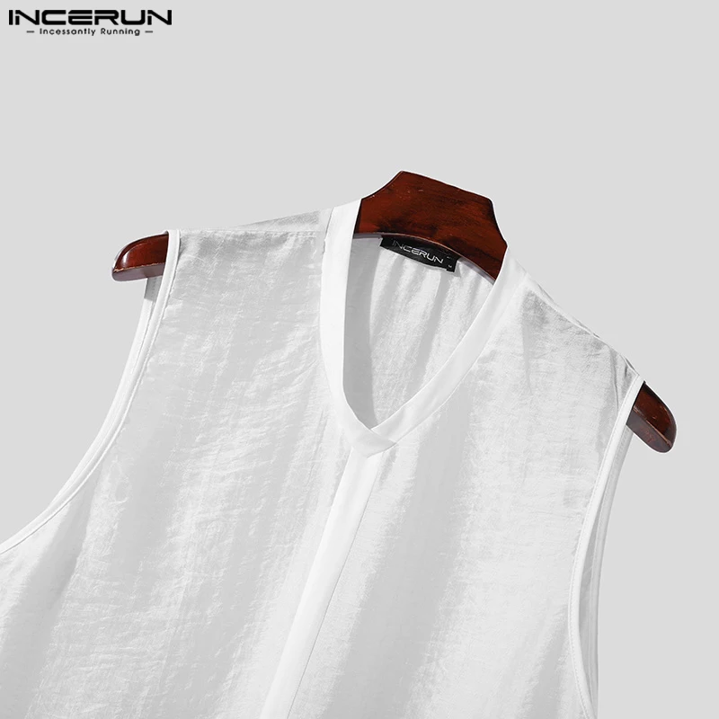 INCERUN Men\'s Tank Tops Solid Color V Neck Sleeveless Casual Male Vests Streetwear 2024 Transparent Summer Stylish Men Clothing