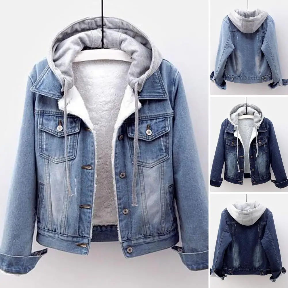 Winter Jacket Detachable Hat Flap Pockets Thermal Plus Size Denim Winter Jacket   Lady Coat  for School