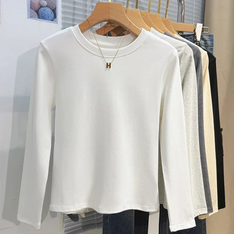 Frauen Solide Trend Casual Tops 2026 Herbst Winter Büro Dame Grundlegende Oansatz Lose T-Shirt Koreanische Langarm Basis Schicht tees