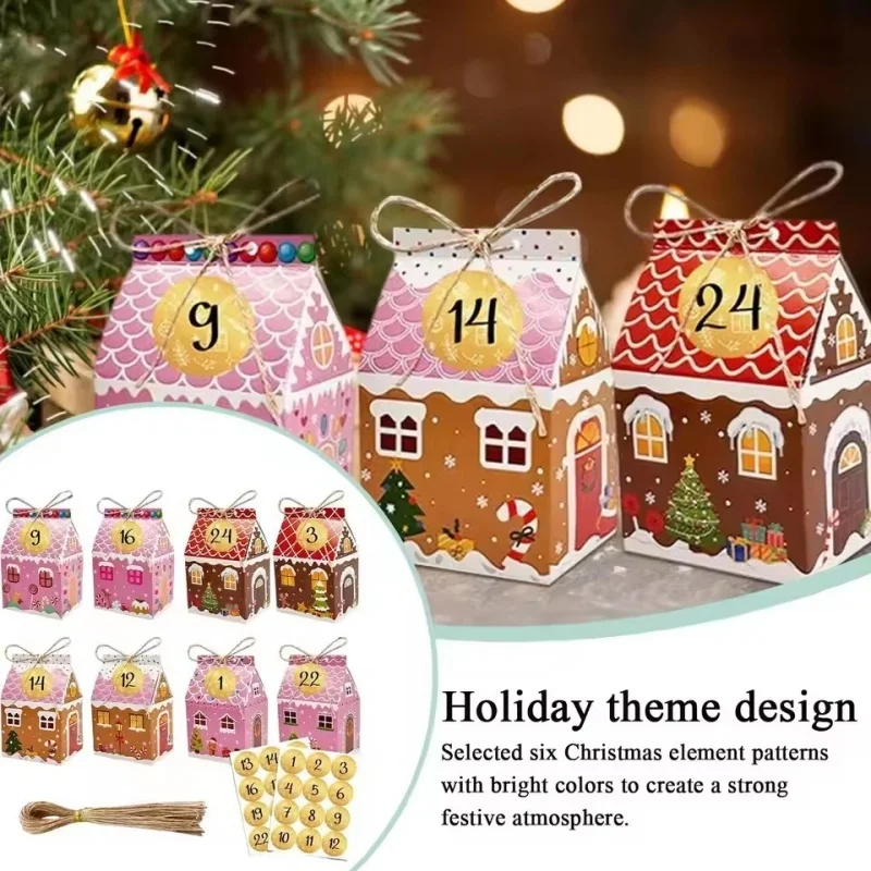 

24Pcs Xmas Party Favor Boxes - Gingerbread House Themed Paper Boxes for Cookie Candy Storage, with Hemp Rope Christmas Supplies