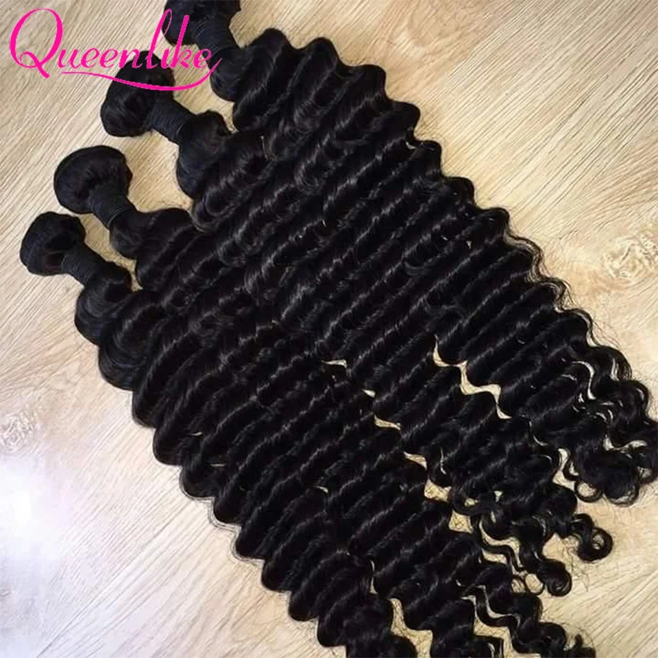 Queenlike-Deep Wave Pacotes de cabelo humano para mulheres, extensões brasileiras de cabelo cru, cabelo encaracolado profundo, 100% cabelo humano, 24 polegadas, 26 polegadas, 28 polegadas