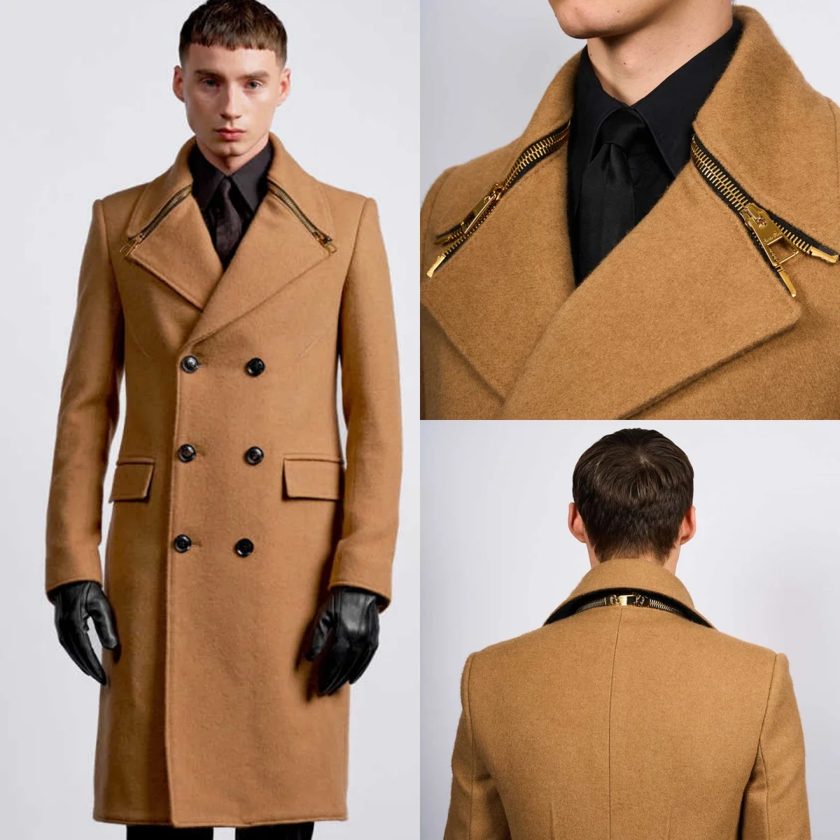 

Новый дизайн, зимнее длинное пальто для мужчин, двубортное шерстяное пальто с молнией, теплая верхняя одежда, куртка по индивидуальному заказу
