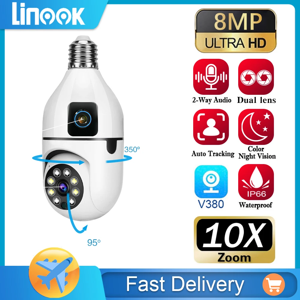 

Linook V380 Pro dual lens, 8MP, high-definition light bulb, CCTV camera, wireless WIFI indoor mini camera, IP security camera