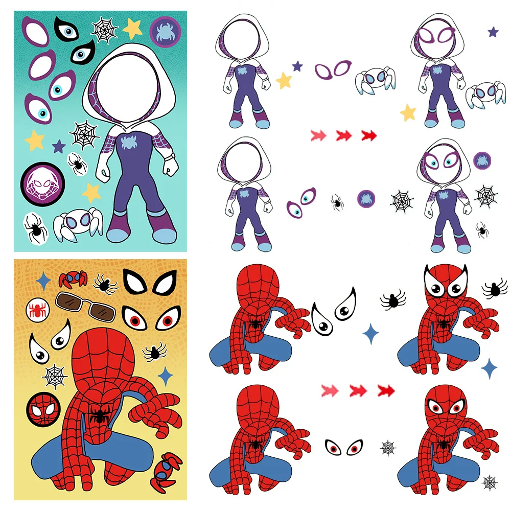 Disney-Autocollants Marvel pour enfants, Marvel, SpidSuffolk, Iron Man, faire un visage, autocollant de jeu pour enfants, cahier de bricolage pour filles, assembler des jouets de puzzle, 8 feuilles