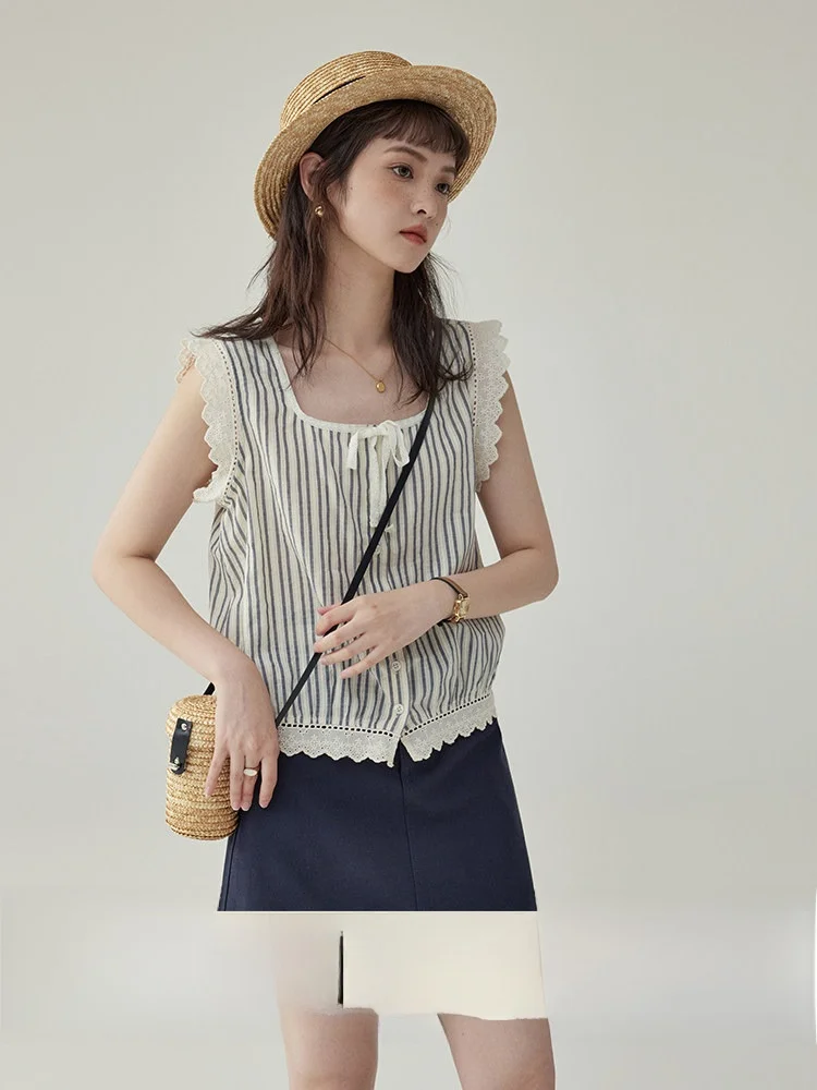 AMUU North Island Vintage Sleeveless Lace Trim Shirt Women's Summer Slimming Design Striped Small Shirt Loose Fit Knot