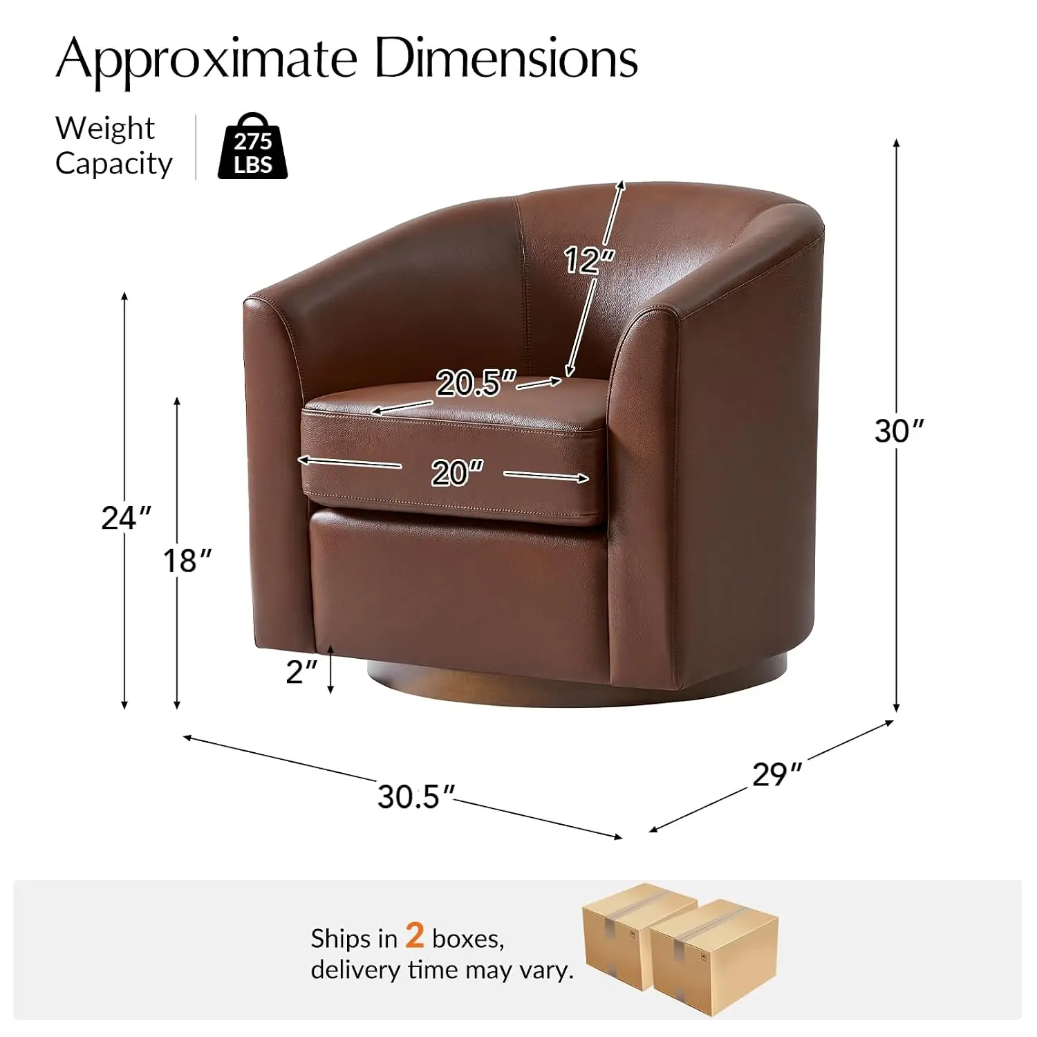Genuine Leather Swivel Barrel Accent Chairs Set of 2, Brown