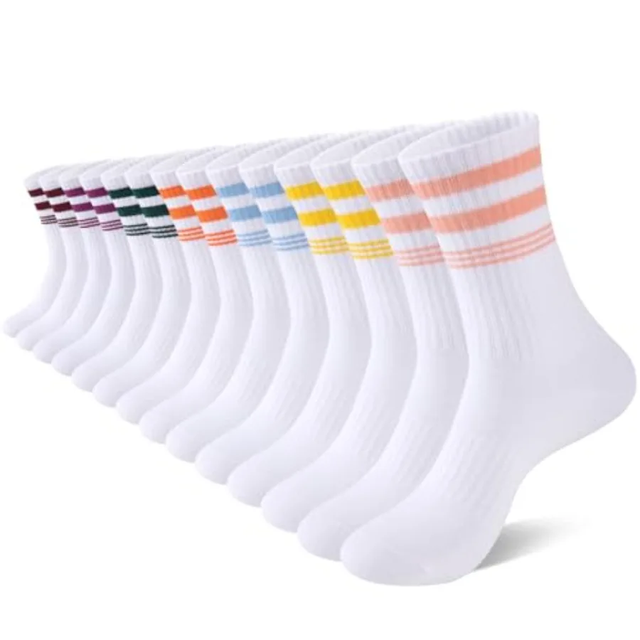 

eallco Womens Crew Cotton Socks Casual Breathable Striped Calf Socks for Women