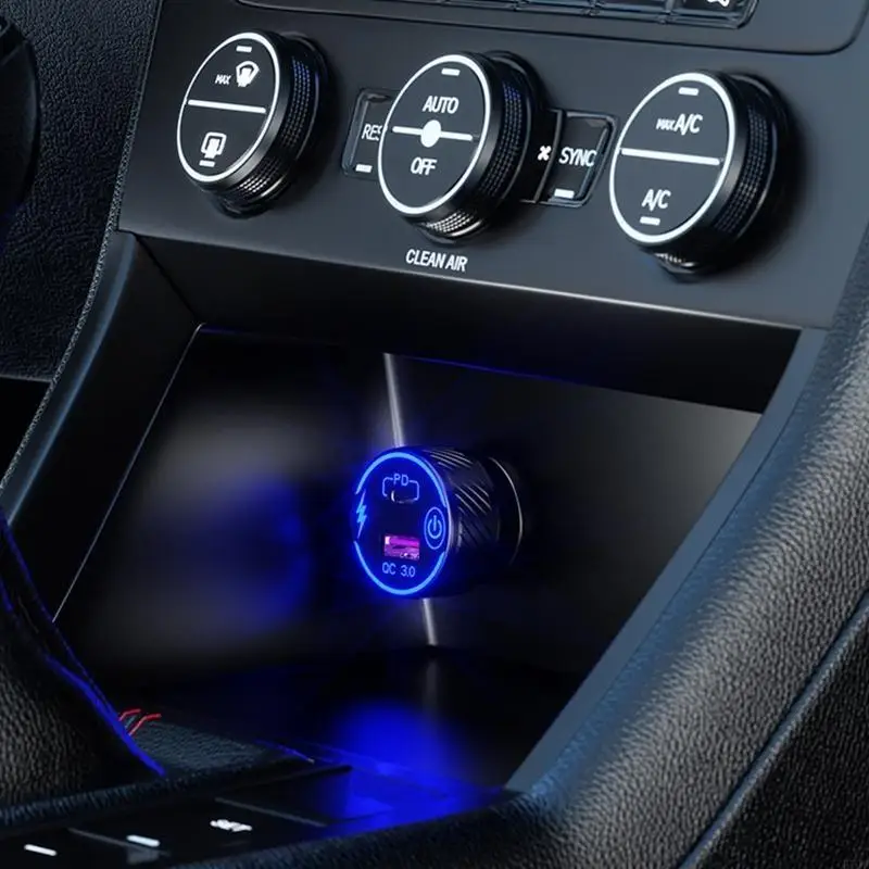 

H7JF USB Type C Car Cigarette Adapter PD3.0 & QC3.0 Dual Port USB C Car Adapter with LED & for Touch Switch