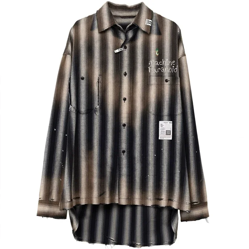 

24AW MIHARA Japanese MMY Long Sleeved Distressed Plaid Top Casual Pure Cotton Striped Duck Embroidered Vintage Loose Shirt