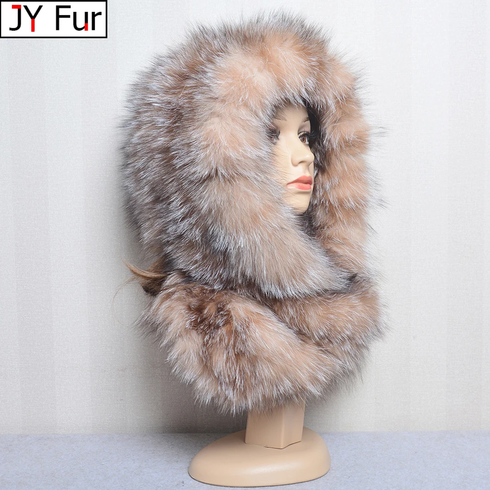 

Hot Sell Winter Women Natural Fox Fur Hats&Scarves Lady Warm Fluffy Real Fox Fur Hat&Scarf Luxury Knit Genuine Fur Hooded Scarf