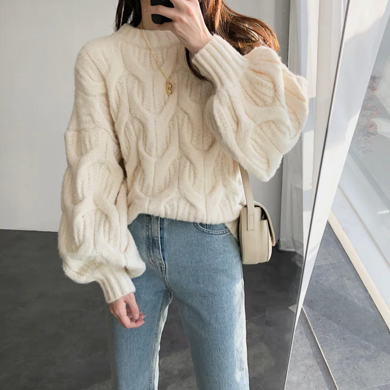 Women Lantern Sleeve Sweaters Solid Knit Thick Jumpers Pullovers Round Neck Casual Spliced Sweater Warm Basis Autumn Winter
