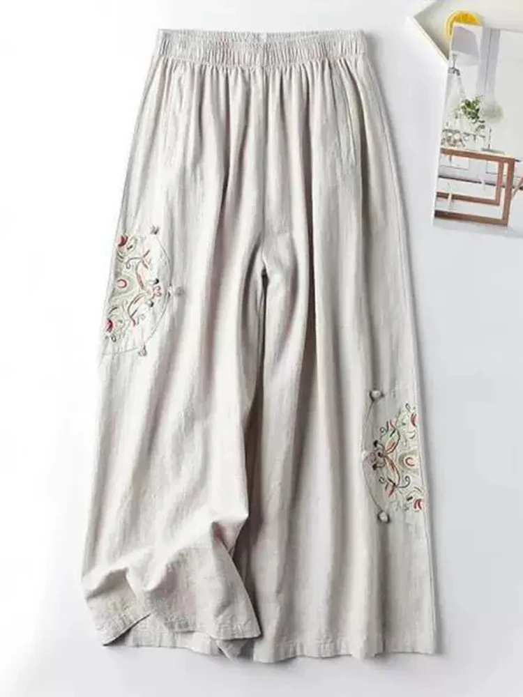 Baumwolle Gemischt Weibliche Hose 2024 Damen Beiläufige Gerade Hosen Blume Stickerei Lose Breite Bein Hosen für Frauen Pantalon Femme