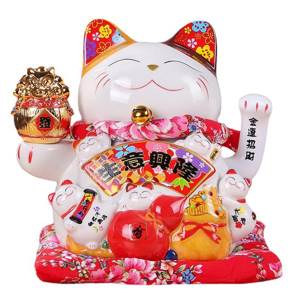 7Inch Ceramic Beckoning Cat Maneki Neko Ornament Feng Shui Decoration Swing Lucky Cat B