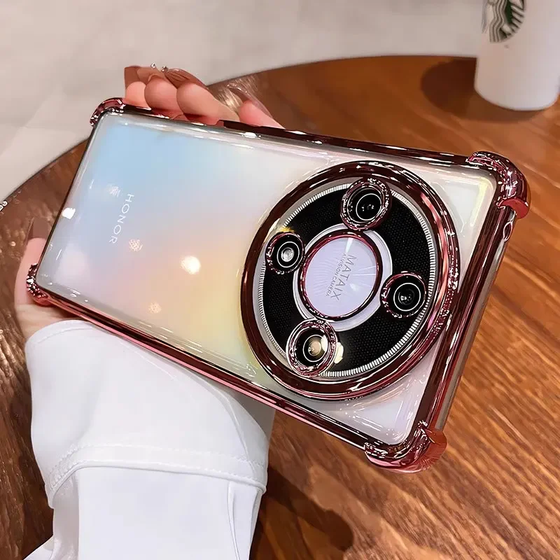 

For Honor Magic 7 Lite Case Lens Protection Luxury Plating Transparent Silicone Airbag Shockproof Back Bumper Phone Cover