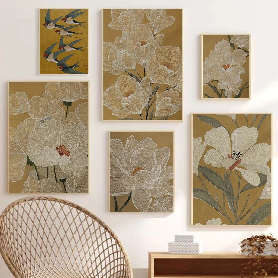 Vintage Japanese Woodblock Style Forest Poster Swimming Tiger Cream Lily Koi Fish Prints Canvas Painting Wall Picture Home Decor