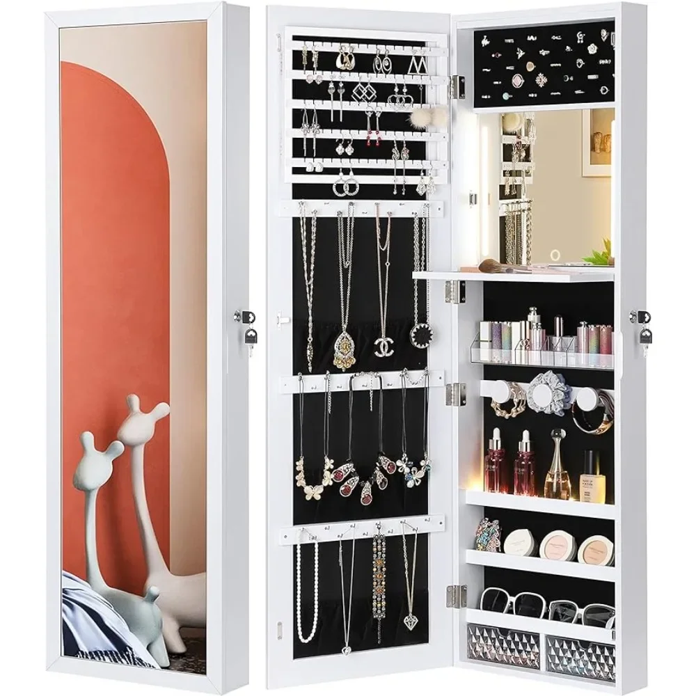 

Touch Screen LED Jewelry Armoire Organizer Acrylic Wall Mirrors 47.2" Tall Door/Wall Mounted Mirror With Jewelry Storage Living