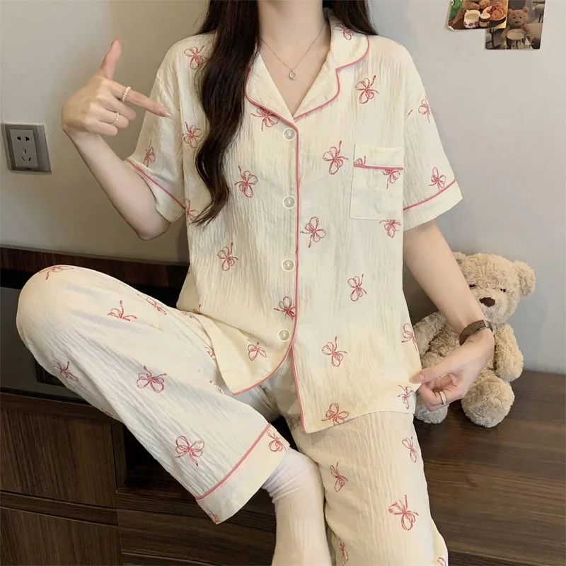

French-Style Sweet Bow Pajamas for Women: Summer Short-Sleeve Long-Pants Set with Cloud-Print, Soft and Cozy Cotton Loungewear
