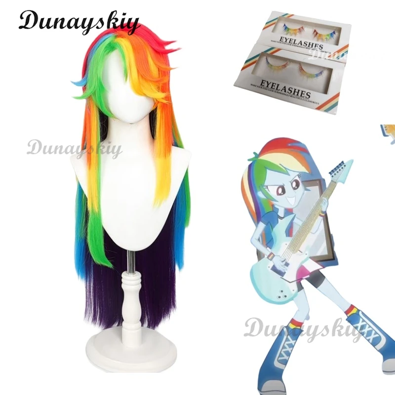 Rainbow Dash Anime Pony RD Cosplay Prop 90cm Wig Colorful Hair Eyelash Women Girl Cute Cool Outfit Holloween Party Customized