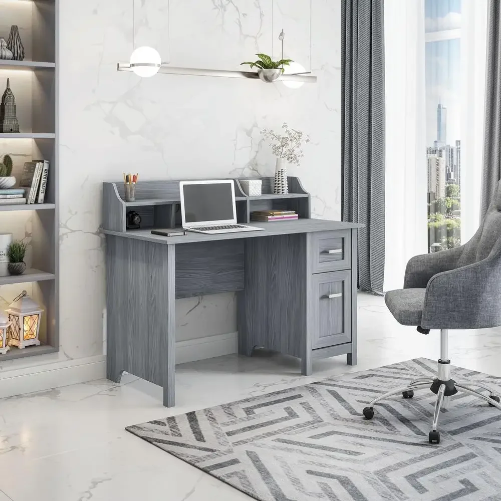 Bureau gris avec clapier de rangement, mobilier de bureau moderne, égouts à proximité latérale