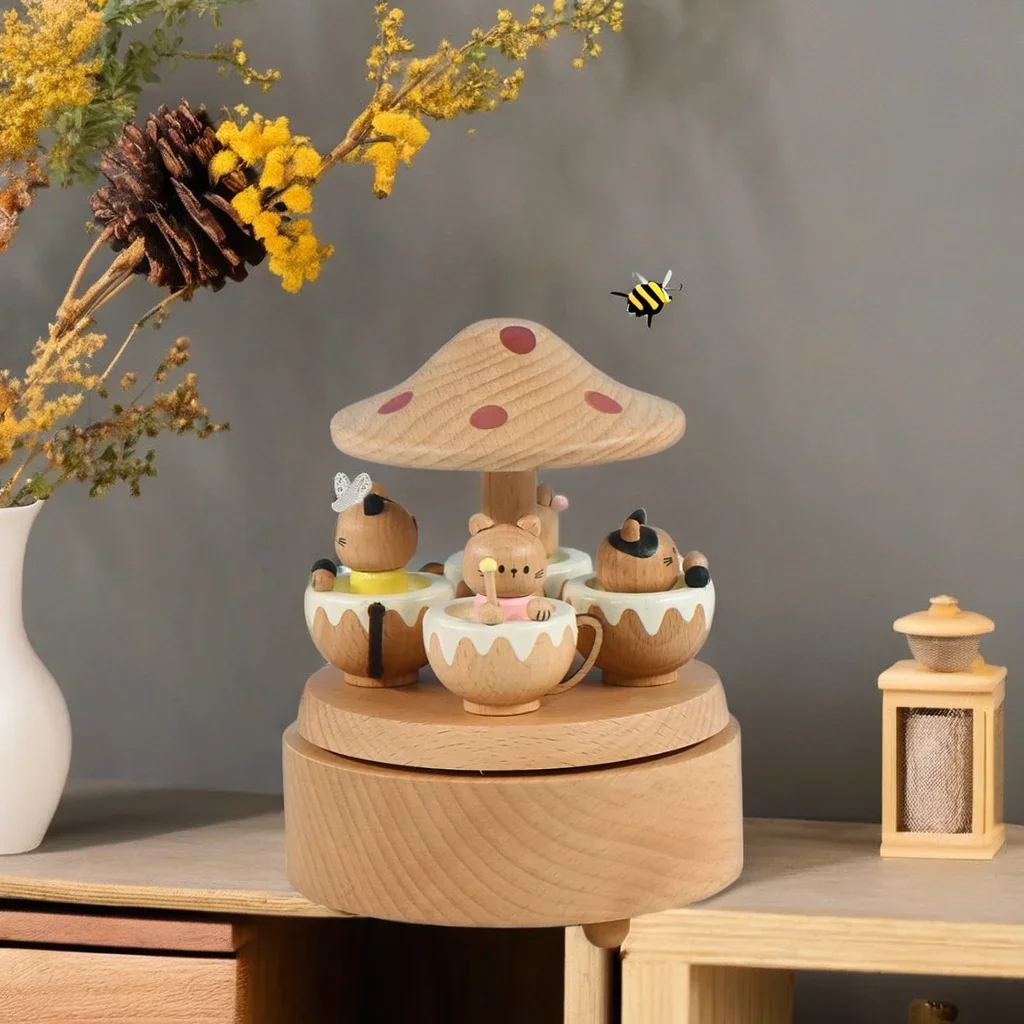 factory direct sale cat paradise merry-go-round carousel mushroom wooden music box for gifts