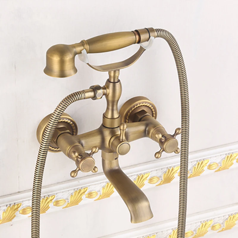 Bathroom Bath Tub Wall Mounted Hand Held Antique Brass Shower Head Kit Shower Faucet Sets Retro Bathroom Mixer Tap