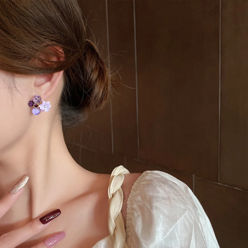 Purple Crystal Flower Stud Earrings for Woman Korean Style Fashion Jewelry Elegance Temperament Y2k Accessories Lovely gentle