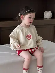 2024 Autumn New Baby Girl Cute Heart Print Clothes Set Toddler Cotton Sweatshirt + Heart Shorts 2pcs Suit Infant Girl Outfits