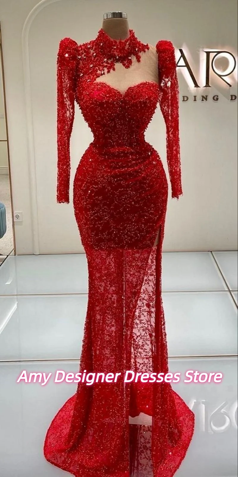فستان سهرة ساحر برقبة عالية وأكمام طويلة باللون الأحمر فساتين لحضور الحفلات الموسيقية بفتحة جانبية فاخرة لحفلات الزفاف فيستدو دي فيستا مخصص