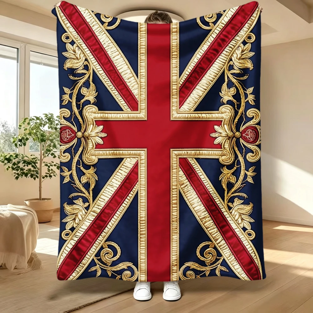 Royal British Flag, Union Jack Gift, Blanket, Golden Embroidered Floral Design, Home Decor, Soft Cozy Multi-Purpose Throw